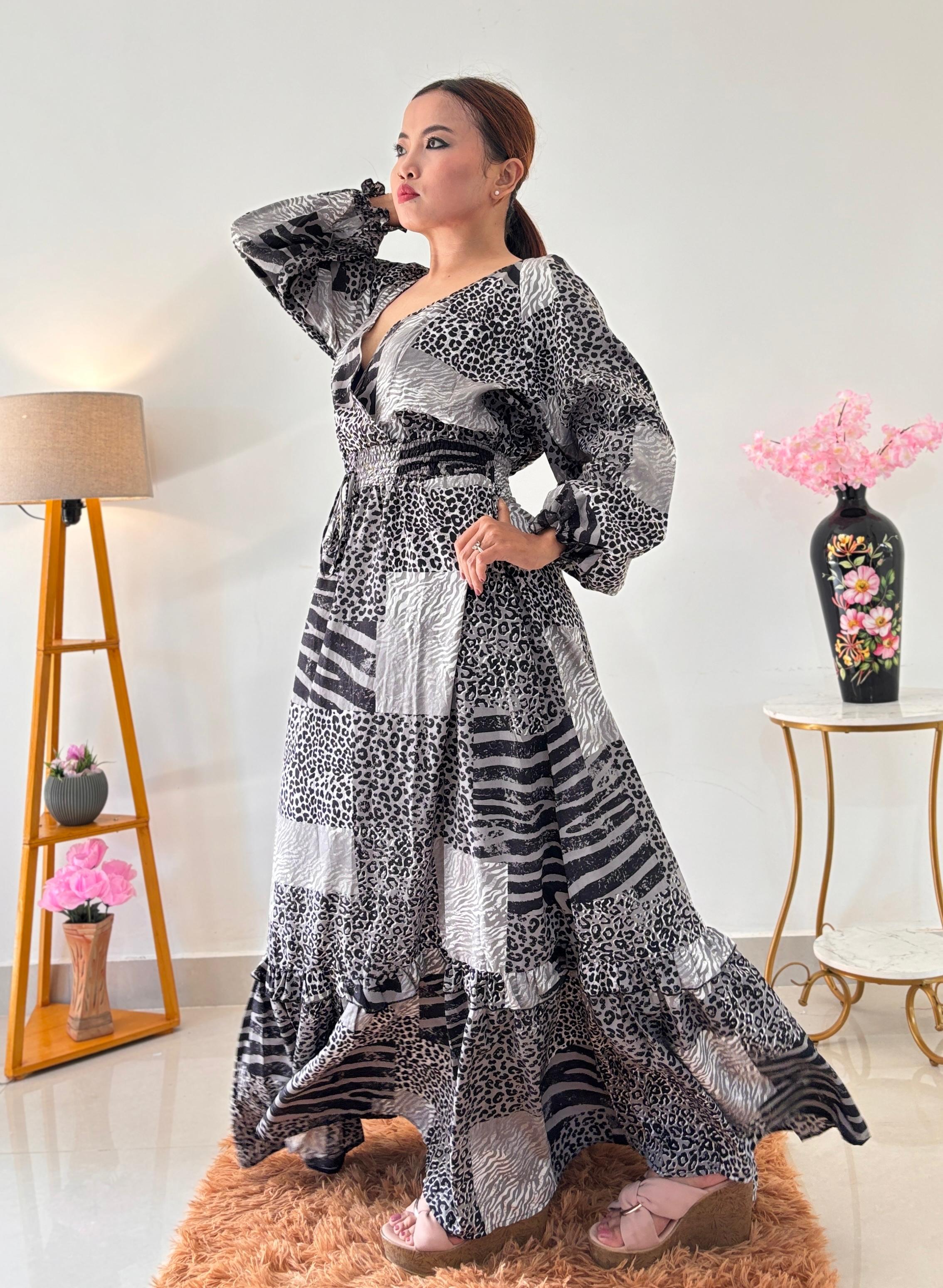Black & White Patchwork Maxi Dress with Animal Print - Long Sleeve
