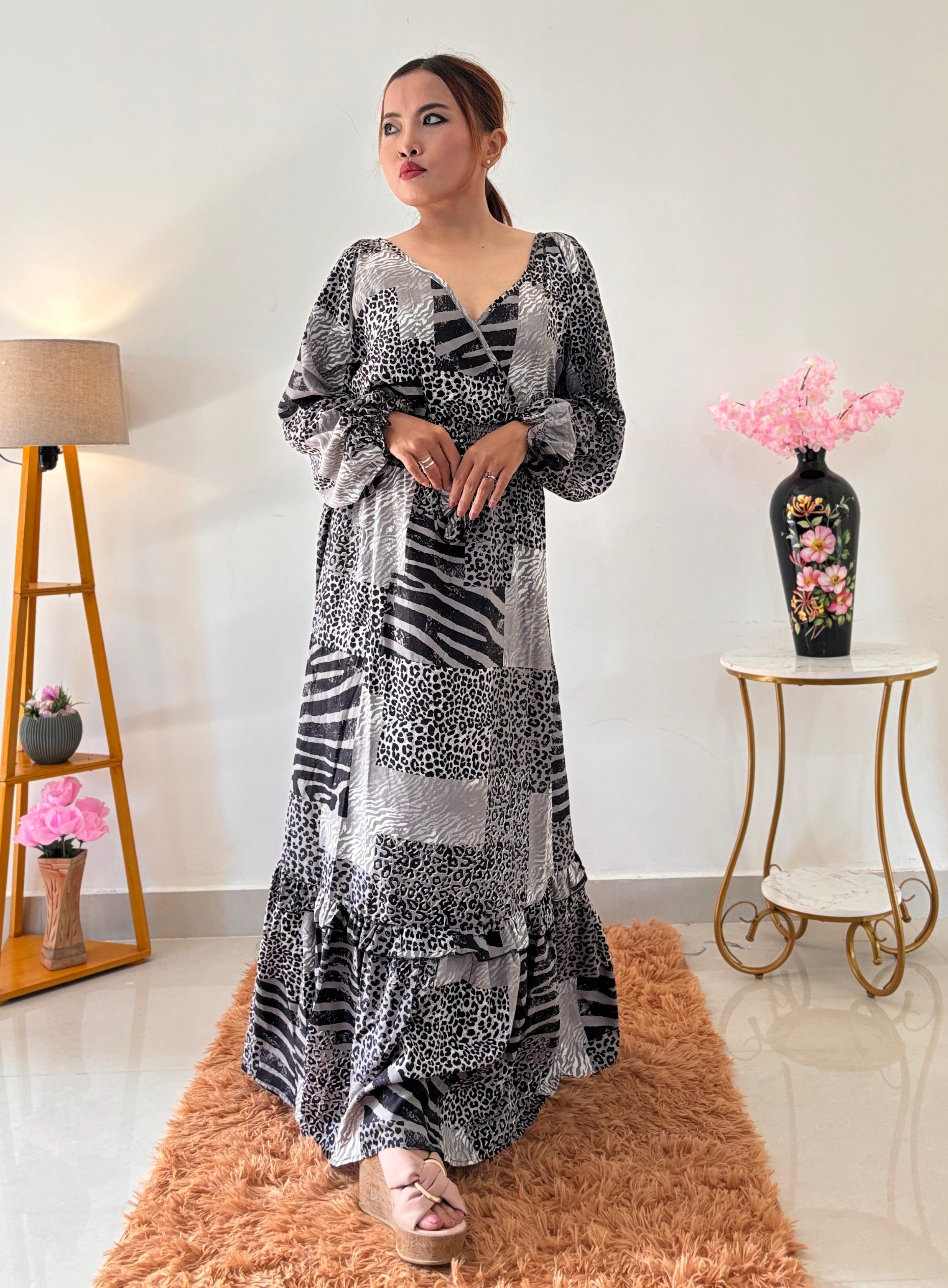 Black & White Patchwork Maxi Dress with Animal Print - Long Sleeve