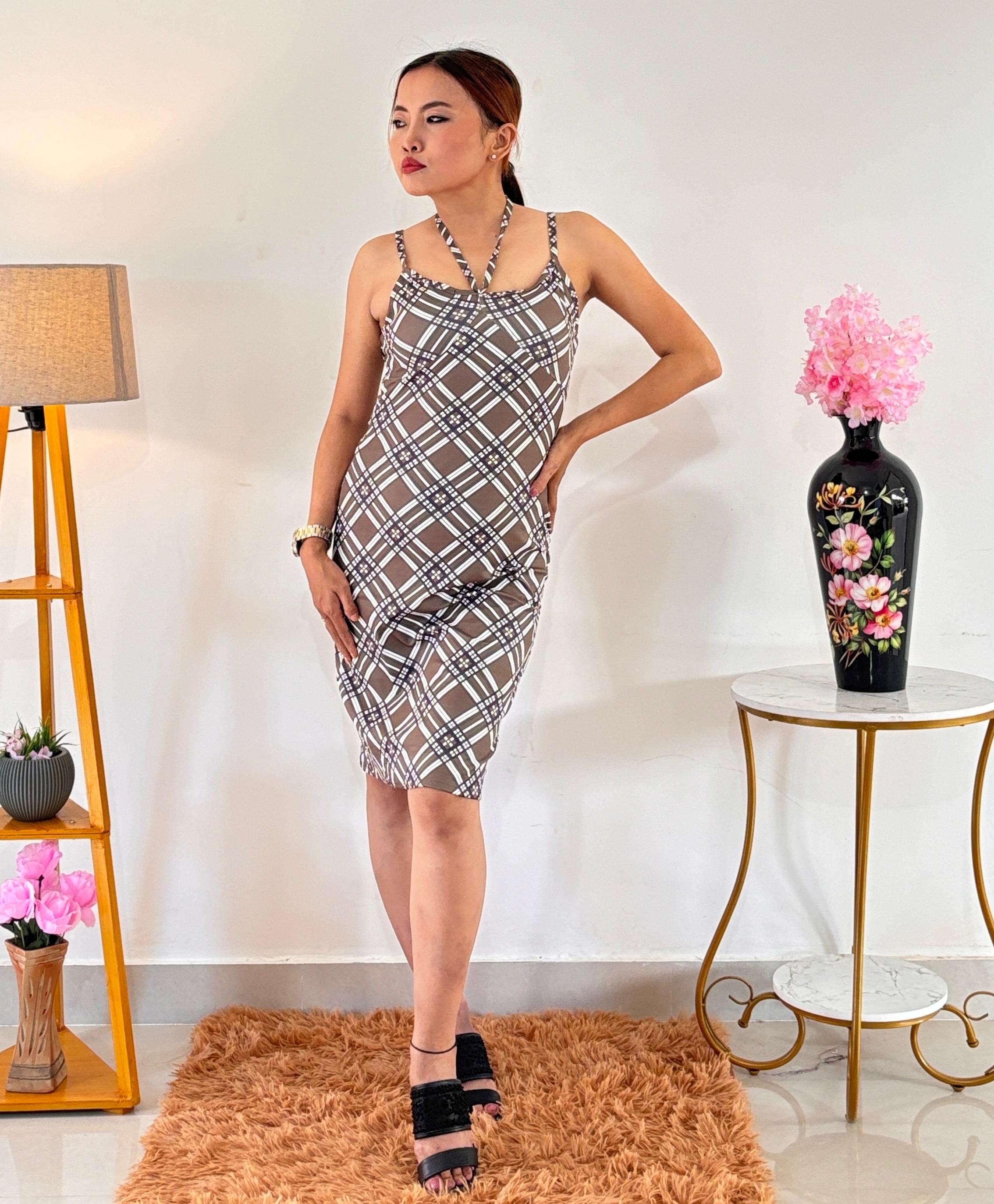 Stylish Brown Plaid Halter Mini Dress